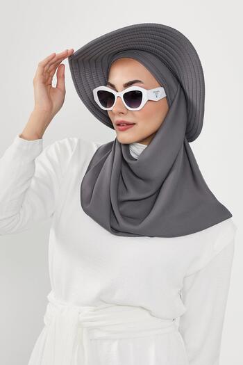 Aisha's Design Çıkarılabilir Arkası Fiyonklu Şapkalı Pratik Krep Şal Türban,SS-9,Antrasit