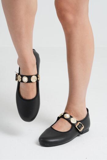 Beyond Women's Black Coin Buckle Leather Ballerinas Byndpt01