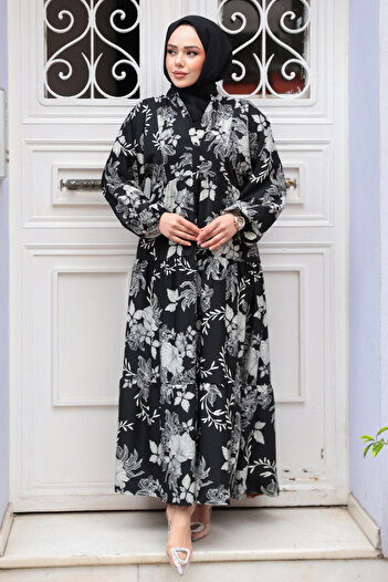 N.S NEVA STYLE Floral Patterned Black Viscose Hijab Dress 23589S