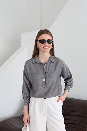 Fashionbox Denim Look Summer Fabric Half Placket Low Sleeve Shirt