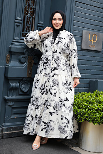N.S NEVA STYLE Floral Patterned Ecru Viscose Hijab Dress 23589E