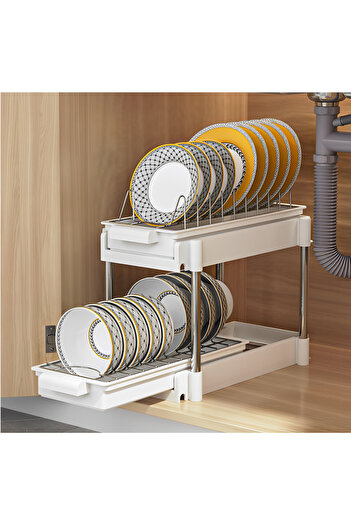 Herum Dish drainer with sliding drip trays, 2 levels, White, 38 x 20 x 31 cm