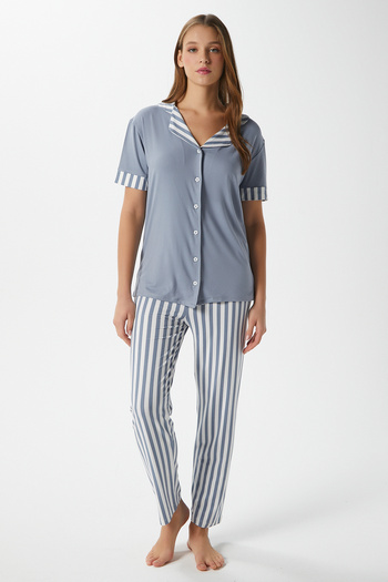 Ritnice Women's Elena Soft Texture Gray Striped Front Button Short Sleeve Pajama Set