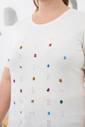 RMG Beads and Stone Embroidered Large Size T-Shirt White