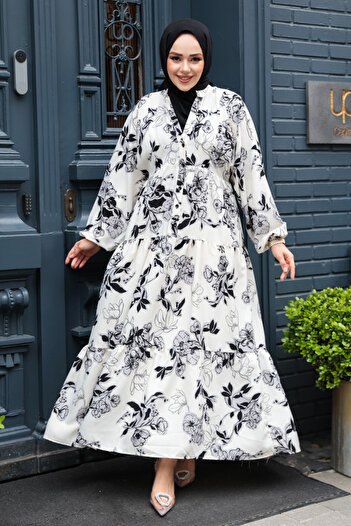 N.S NEVA STYLE Floral Patterned Ecru Viscose Hijab Dress 23589E
