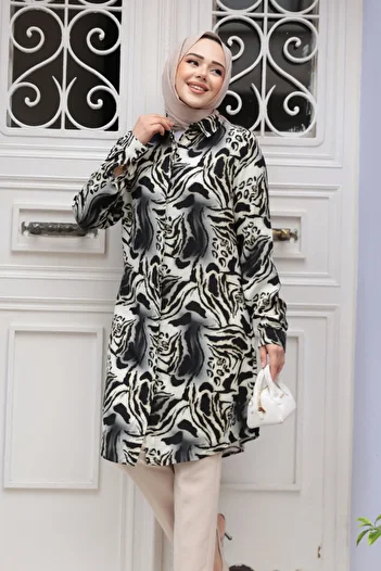 N.S NEVA STYLE Patterned Smoked Hijab Viscose Tunic 11742Fu