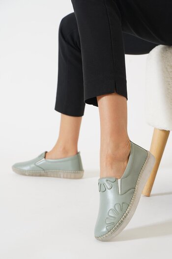 Moda Pie Garetes Side Floral Genuine Leather Women's Shoes Avocado Green