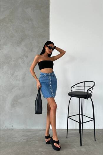 CemBebe Women's Buttoned Knee Length Denim Skirt