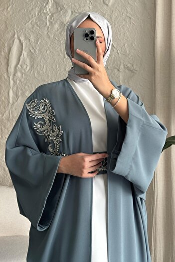 InStyle Φόρεμα Abaya Mint με πέτρες στο γιακά και μανίκια νυχτερίδας