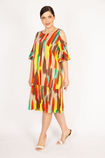 Şans Women's Yellow Large Size Off-Shoulder Woven Viscose Fabric Side Pocket Dress 65n36068