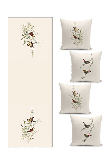 Filamente Filament Special Design Quad Cushion Cover and Runer Set - Bird Patterned