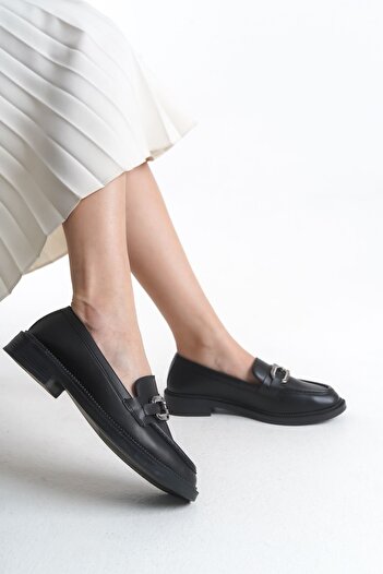 Elvuq Women's Black Loafer Silver Square Buckle Black Lightweight Stylish Casual Shoes
