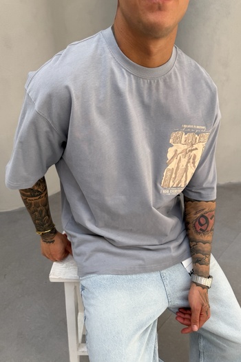 MADZEYMODA Oversize Fit Men's 100% Cotton Crew Neck Printed Stone Gray T-Shirt Mz3016