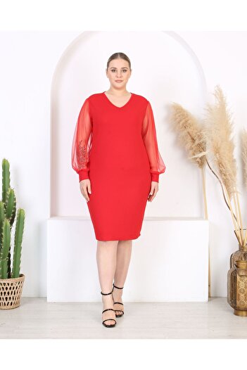 Butik Nilyam Women Plus Size Tulle Sleeve Detail V-Neck Stretchy Evening Dress 24743