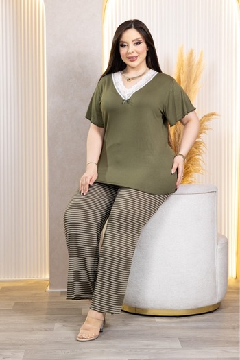 şuranur Bamboo Striped Pajamas - X4 Lace Collar Detail Lycra Suit