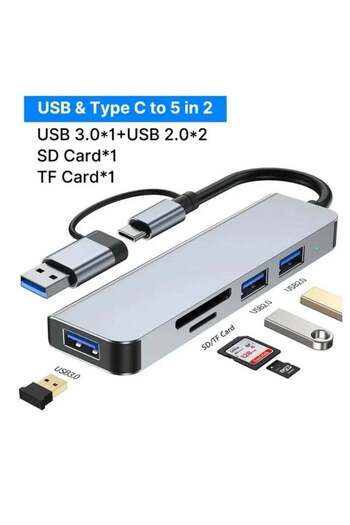 SP USB C + USB Type A Hub 5 in1, USB C Adapter with Two USB-C Ports, USB 3.0, SD / TF Card Reader