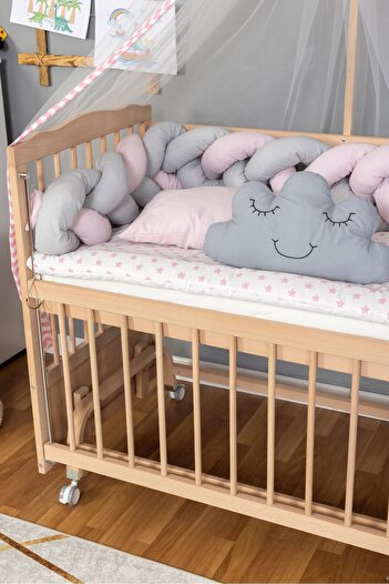 Bamgidoo Ahşap Beşik Anne Yanı Beşik Organik 60x120 - Pembe Gri Örgü Uyku Seti Seti + Yatak + Tekerlekli