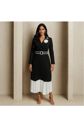 1Moda1Tarz Women's Imported Fabric Bottom Pleated Belt and Rose Accessory Detailed Lined Special Design Maxi Dress