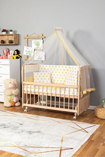 Bamgidoo Ahşap Beşik Anne Yanı Beşik Organik(Boyasız) 60x120-Sarı Yıldız TekYastık UykuSeti+Yatak+Tekerlekli