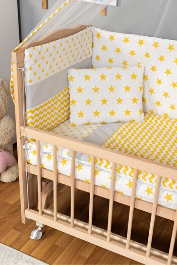 Bamgidoo Ahşap Beşik Anne Yanı Beşik Organik(Boyasız) 60x120-Sarı Yıldız TekYastık UykuSeti+Yatak+Tekerlekli
