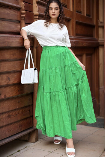 bacc Women's Green Pocket Elastic Waist Self-Fold Voile Kiloş Skirt Bcbsk-25700-3574