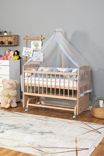 Bamgidoo Ahşap Beşik Anne Yanı Beşik Organik 60x120 - Mavi Beyaz Örgü Uyku Seti Seti + Yatak + Tekerlekli