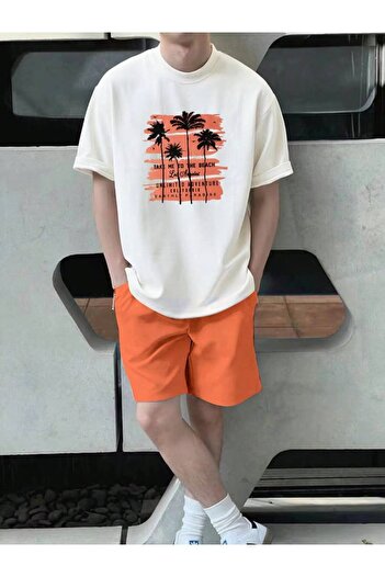 LEONE KOLEKSİYON White&Orange Tropical Printed Short Sleeve T-Shirt and Shorts Two-Piece Set