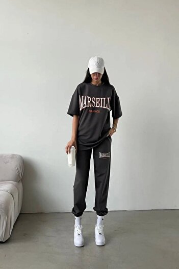 DUBU BUTİK Marseille France Printed Black Tracksuit T-Shirt Set - Anthracite Jogger Tracksuit T-Shirt Oversize B