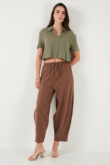 Lela Cotton Relaxed Fit Normal Waist Shrinkable Leg Pants Pants 668Yp5198