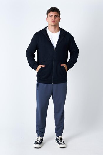 Behind Look Modal Black Hooded Sweatshirt with Zippered Kangaroo Pocket