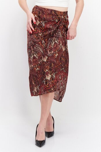 PROMOD Women Allover Printed Basic Midi Skirt, Brown Combo