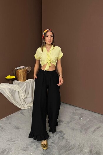 Giyimodam Black Ruffled Linen Trousers