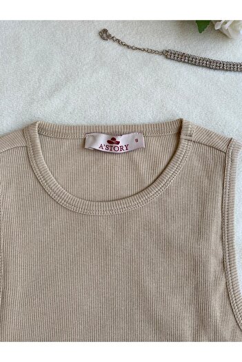 Astorya A'story :Beige Fitted /Fitting Crop Halter Neck Stretch Knitted Tank Top