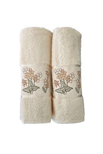 Kotonia Home Set of 2 jacquard bath towels with embroidery, 100% cotton, 50×90 cm and 70×140 cm, ivory, 003