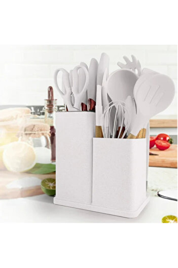 Herum Kitchen utensil set, made of silicone, utensils, knives, scissors, chopper, stand, White, 19 pieces