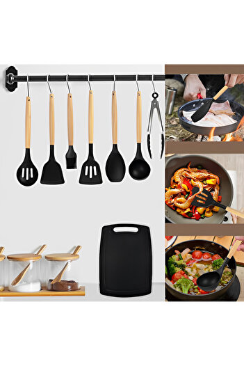 Herum Kitchen utensil set, made of silicone, utensils, knives, scissors, chopper, stand, Black, 19 pieces