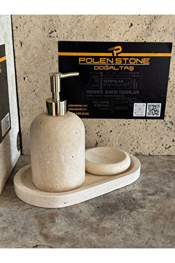 Polen Stone Traverten 3’lü Banyo Seti – Sıvı Sabunluk, Katı Sabunluk ve Oval Tepsi