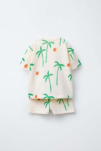 Magu Unisex Kids Cotton Ecru Palm Patterned T-Shirt and Shorts Set