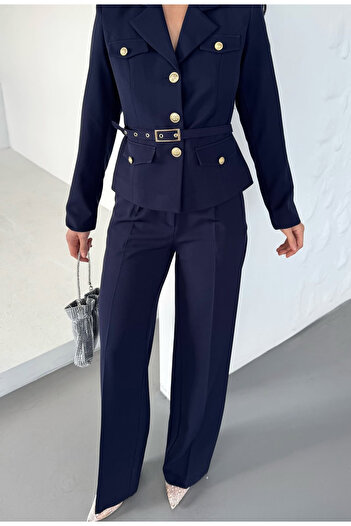 pembekurdelem Women's Belt Detail Classic Jacket Trousers Suit Navy Blue
