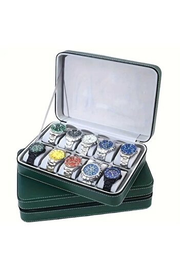 zyc Zippered Luxury Green Color Faux Leather Watch Case 10 Capacity Dustproof Watch&Jewelry Storage Box.