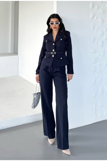pembekurdelem Women's Belt Detail Classic Jacket Trousers Suit Navy Blue