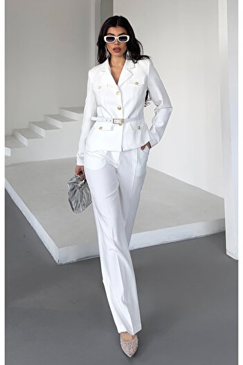 pembekurdelem Women's Belt Detail Classic Jacket Trousers Suit White