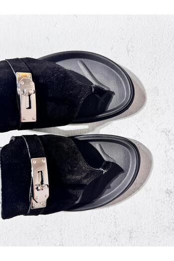 Eataly Shoes Camila Black Suede Leather - Flip Flops