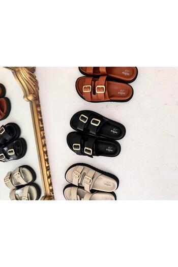 Eataly Shoes Beige India Leather - Double Banded Gold Buckle Slippers