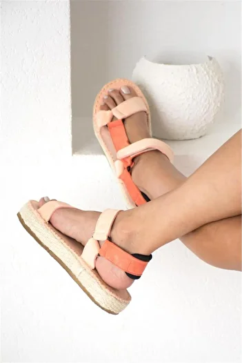 Eataly Shoes Lodi Orange Kaysı Double Striped Suede Women's Sandals