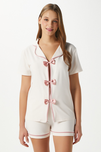 Ritnice Women's Violet Ecru Shorts Bow Bottom Top Pajama Set