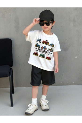 ÇocukçaGiy Tractor Pattern Comfortable Simple Short Sleeve T-Shirt and Shorts Set, Summer