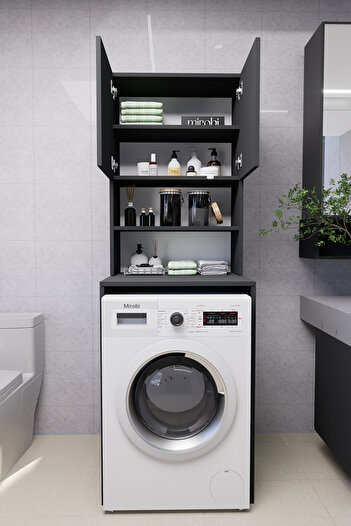 Mirobi Verani Çamaşır Makinesi Dolabı Banyo Kiler Çift Kapaklı Arkalıklı Dolap Antrasit 180x65x30