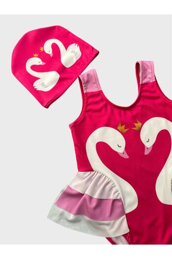 ALİŞ KİDS Girl's Pink Swan Patterned Ruffled Bonnet Swimsuit