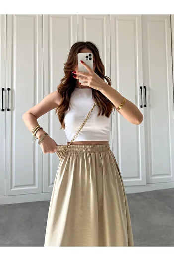 manana fashion Лійозел тканина з еластичним поясом, колір каменю, довга спідниця